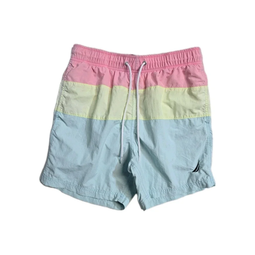 Nautica Men's S Color Block Swim Trunks Pink, Yellow and Blue